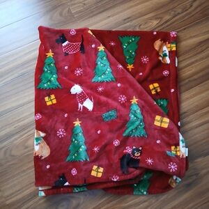 Christmas Red Holiday Blanket with Dogs, Trees, and Presents 50×57 Inches
